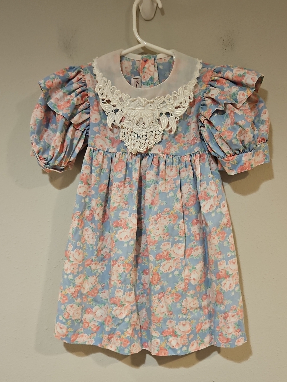 Vintage Girls Blue Floral Lace-Collar Dress